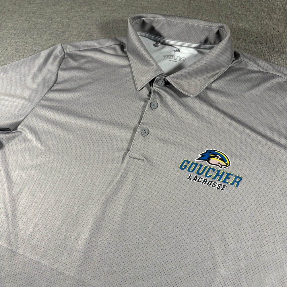 Adidas Polo Shirt Mens Large Gray Goucher Lacrosse Short Sleeve Performance Logo